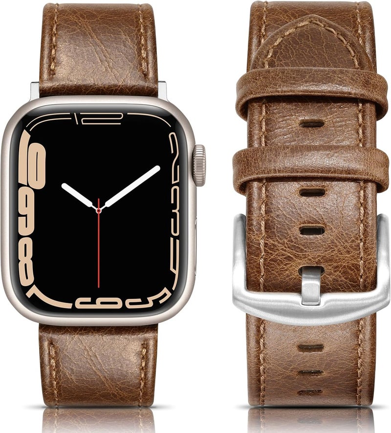 EDIMENS Leather Bands Compatible with Apple Watch 49mm 45mm 42mm 44mm Band Men Women, Vintage Genuine Leather Wristband Replacement Band Compatible for Apple Watch iwatch Series 9 8 7 6 5 4 3 2 1 SE2 - Image 1